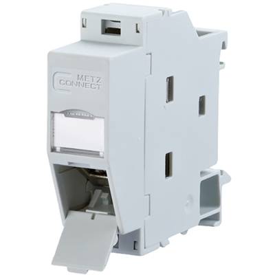 Graues, rechteckiges elektrisches Bauteil, vermutlich ein modularer Steckverbinder mit einer kleinen Klappe und seitlichen Öffnungen.