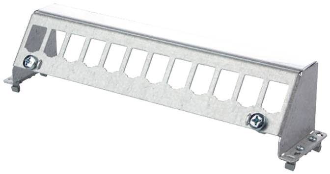 Metallisches Bauteil, möglicherweise ein Kabelkanal oder Kabelhalter, mit symmetrischen Ausschnitten und Befestigungsschrauben.