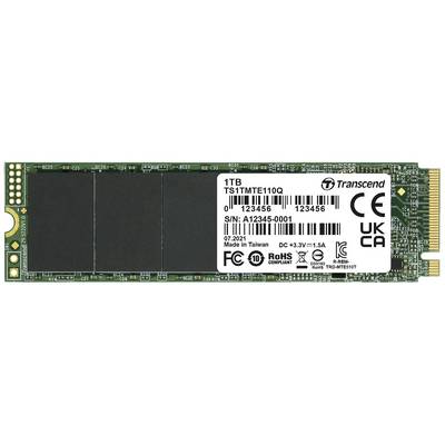 M.2-SSD von Transcend mit 1 TB Kapazität, Modellnummer TS1TMTE110Q. Enthält Zertifizierungslogos und Seriennummer auf dem Etikett.