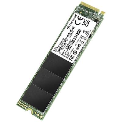 Eine grüne M.2 SSD mit Speicherchips und einem Etikett mit Spezifikationen und Zertifizierungen wie '1TB, Transcend, CE, UKCA'.