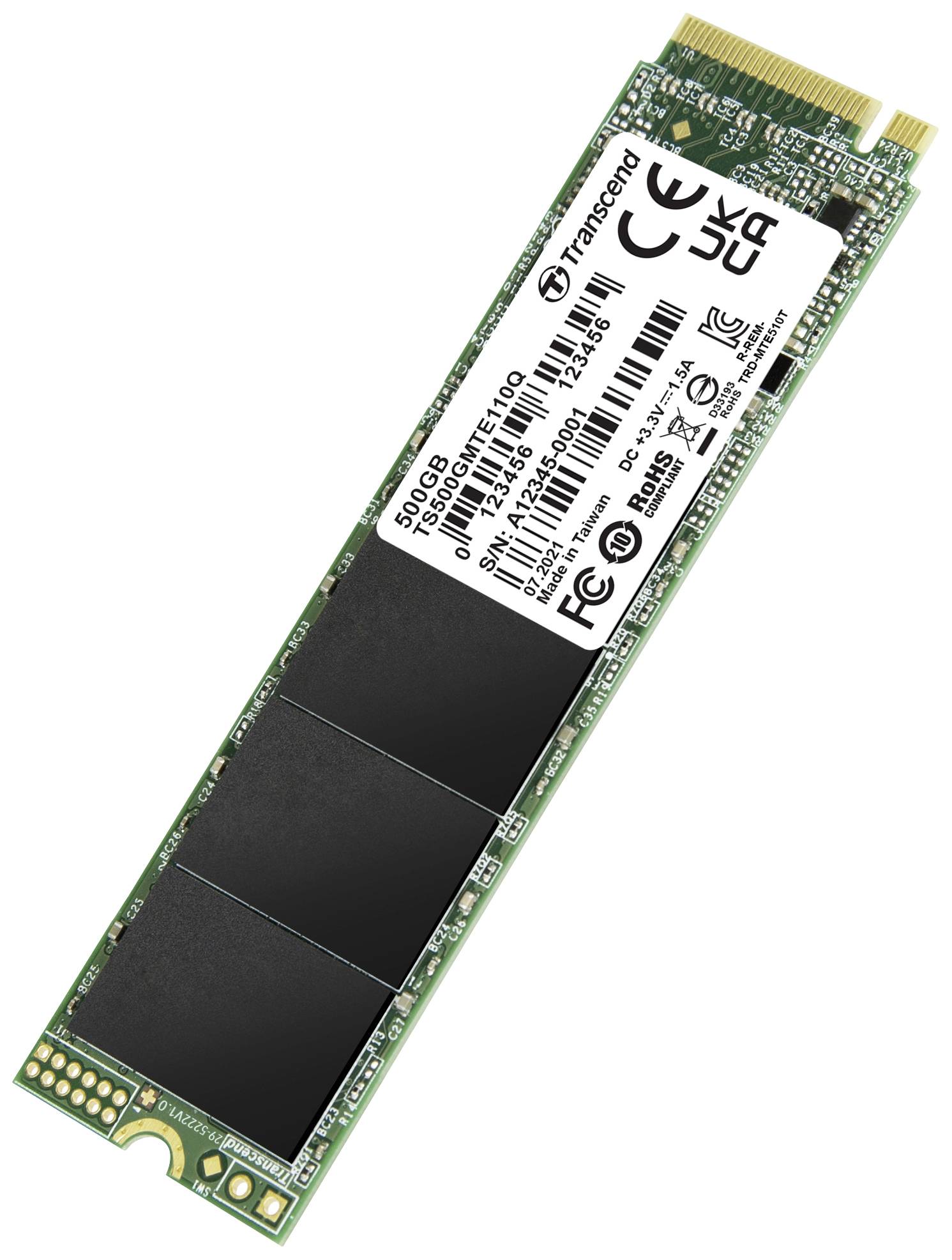 Eine NVMe M.2 SSD von Transcend mit 500 GB, geeignet für schnellen Speicher in Computern, zeigt technische Details und Zertifizierungslogos.