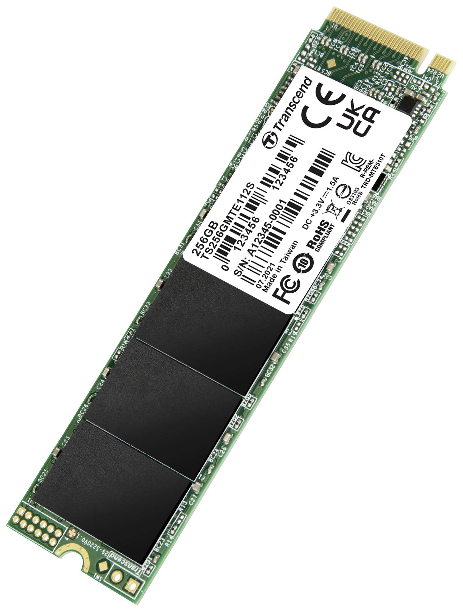 'Transcend 256GB SSD M.2 2280': Eine M.2-SSD mit einem Speicher von 256 GB und Herstellerangaben, geeignet für schnellen Speicherzugriff.