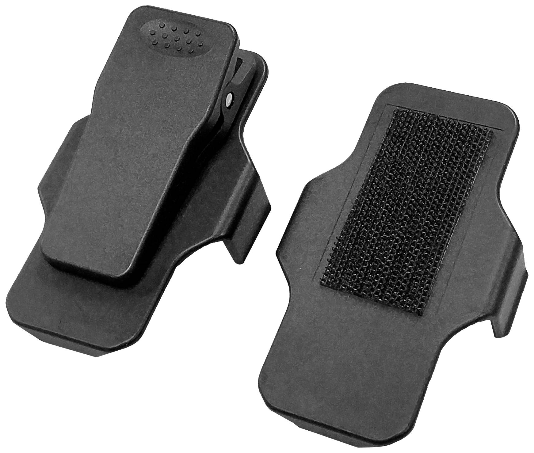 Zwei schwarze Gürtelclips aus Kunststoff; einer mit Klettverschluss, der andere mit Clip-Verschluss, zur Befestigung von Zubehör.