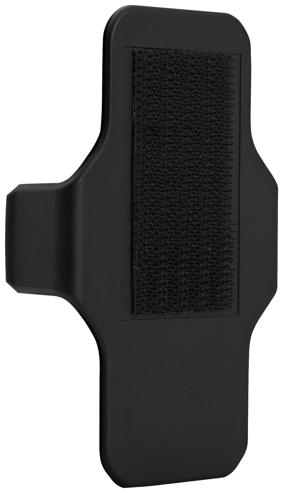 Schwarzer, rechteckiger Gegenstand mit Klettverschluss, seitlicher Halterung und abgerundeten Kanten.