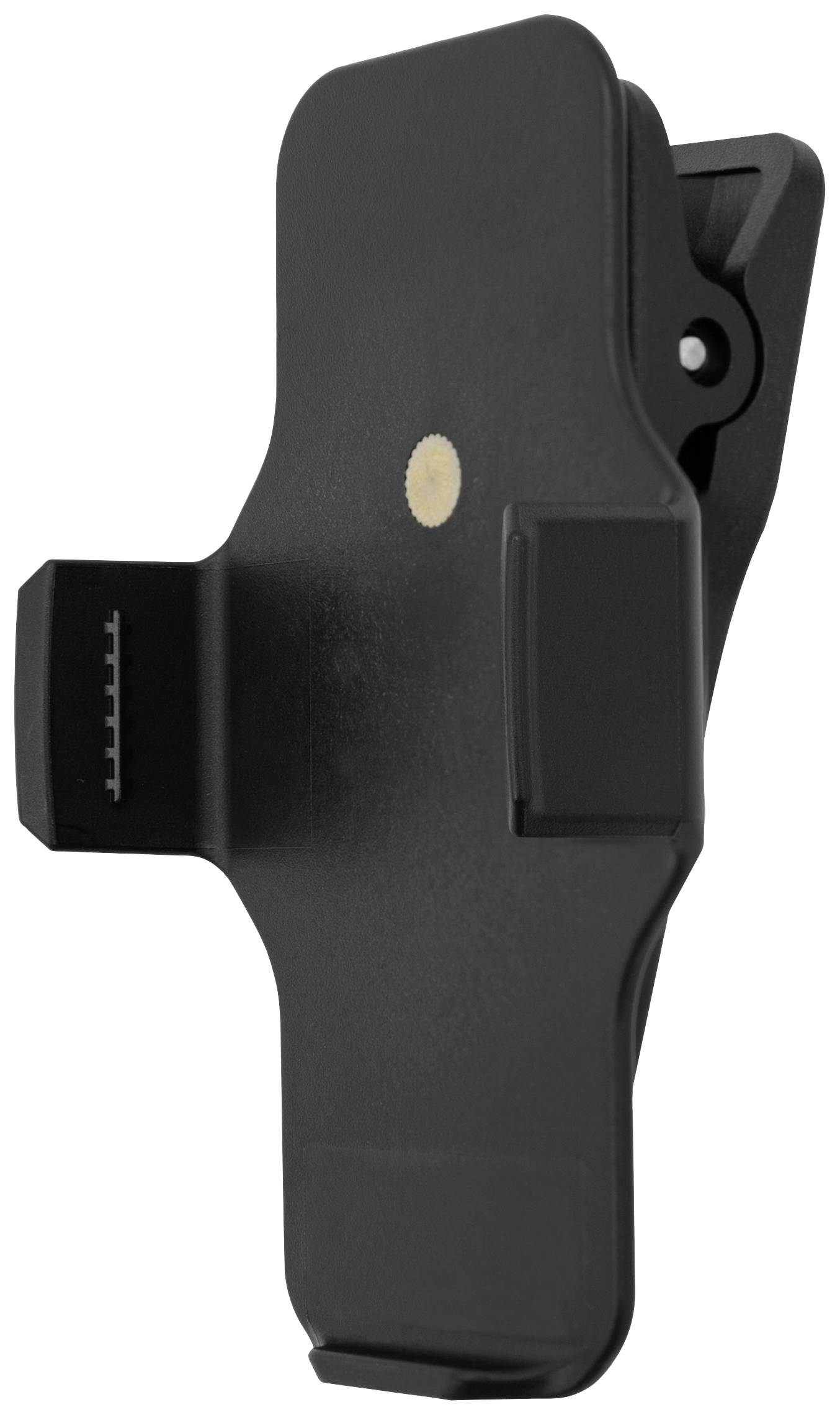 Schwarzer Gürtelclip aus Kunststoff mit einer kreisförmigen, goldenen Markierung in der Mitte, seitliche Halterungen sichtbar.