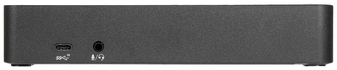 Schwarzer, rechteckiger Netzwerkadapter mit USB-C-Anschluss und Audiobuchse auf der Vorderseite.