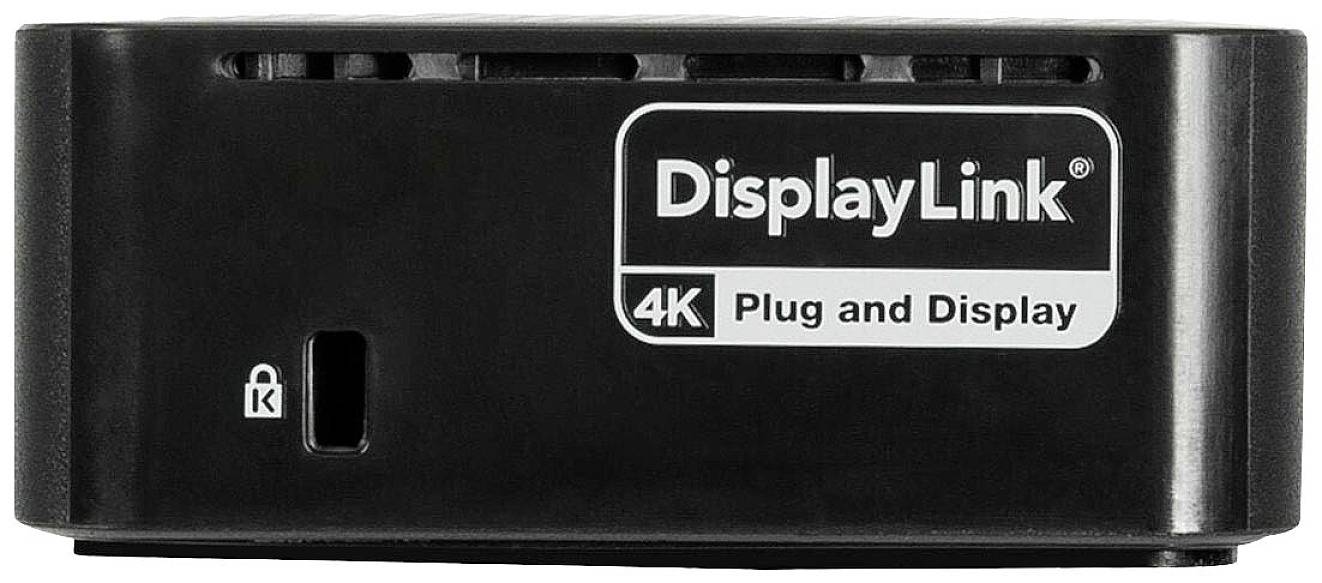 Externe USB-Grafikkarte mit 'DisplayLink 4K Plug and Display' Branding, geeignet für den Anschluss von 4K-Displays.