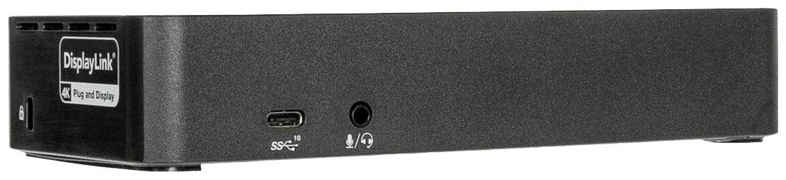 Eine schwarze DisplayLink-Dockingstation mit USB-C- und Audioanschluss vorne, geeignet zur Verbindung mehrerer Geräte mit einem Display.