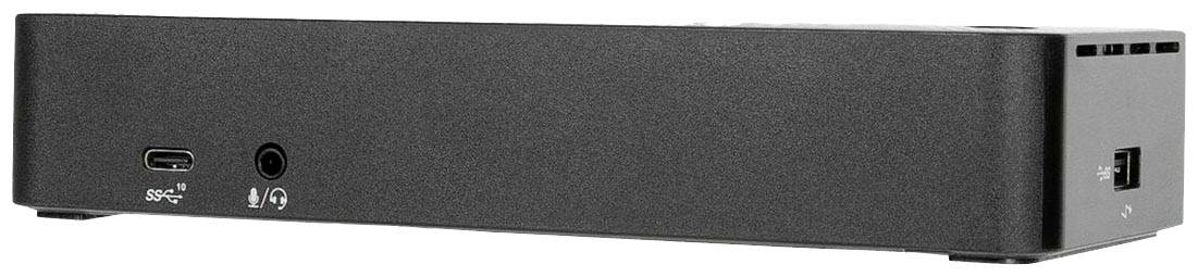 Schwarze Computer-Dockingstation mit USB-C- und Audioanschluss vorne und zusätzlichem Anschluss auf der rechten Seite.