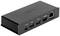 Ein schwarzes Docking-Station-Gerät mit mehreren Anschlussports, darunter USB-C, USB 3.0, HDMI und Ethernet, auf einer weißen Oberfläche.