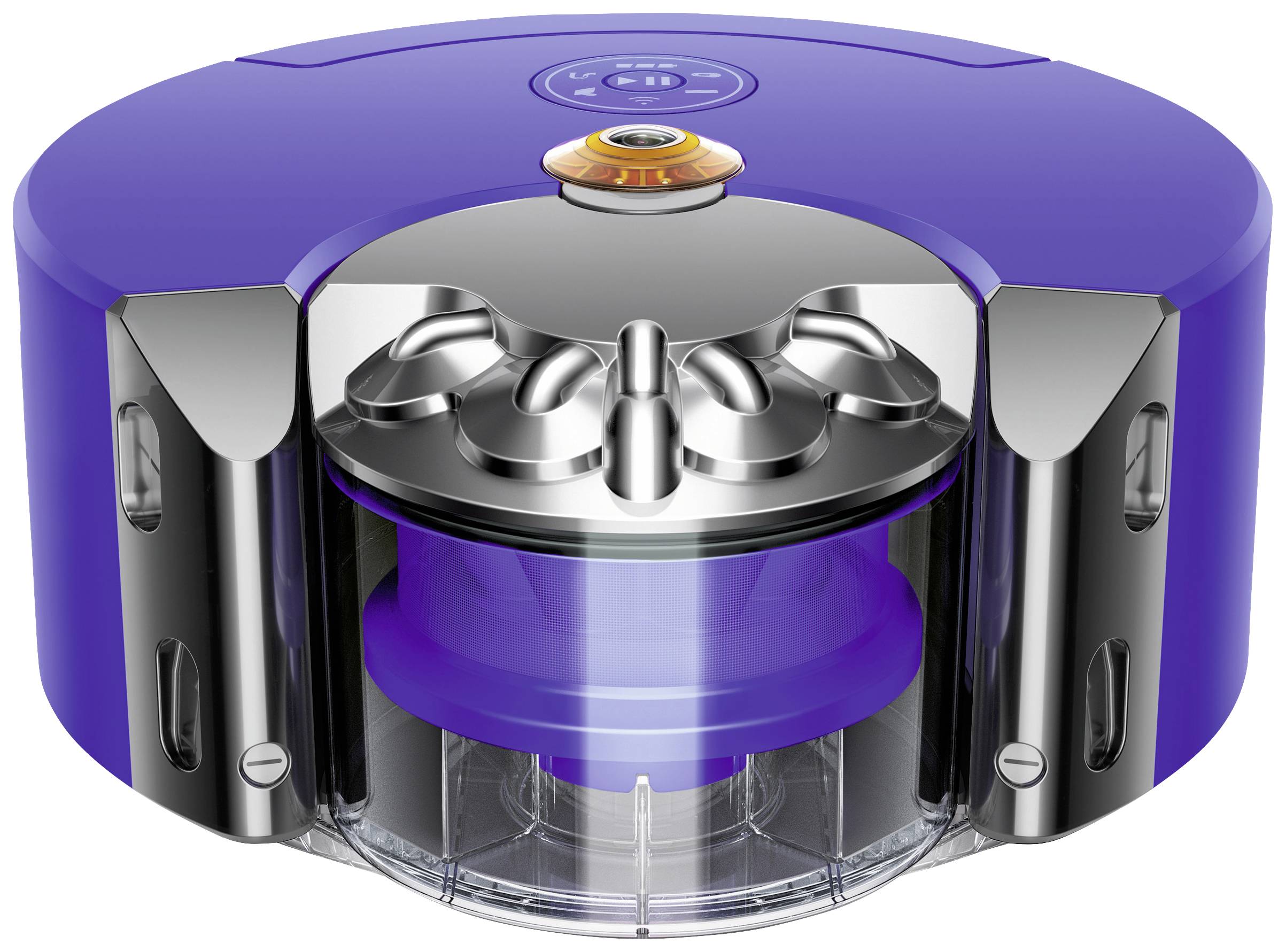 Ein runder, blauer Roboterstaubsauger mit klaren plastik- und metallischen Details. Oben ist ein orangefarbenes Sensorlicht zu sehen.