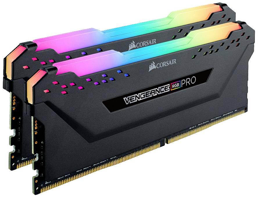 Zwei Corsair Vengeance RGB PRO RAM-Sticks mit RGB-Beleuchtung, für Computerleistung und ästhetische Anpassung.
