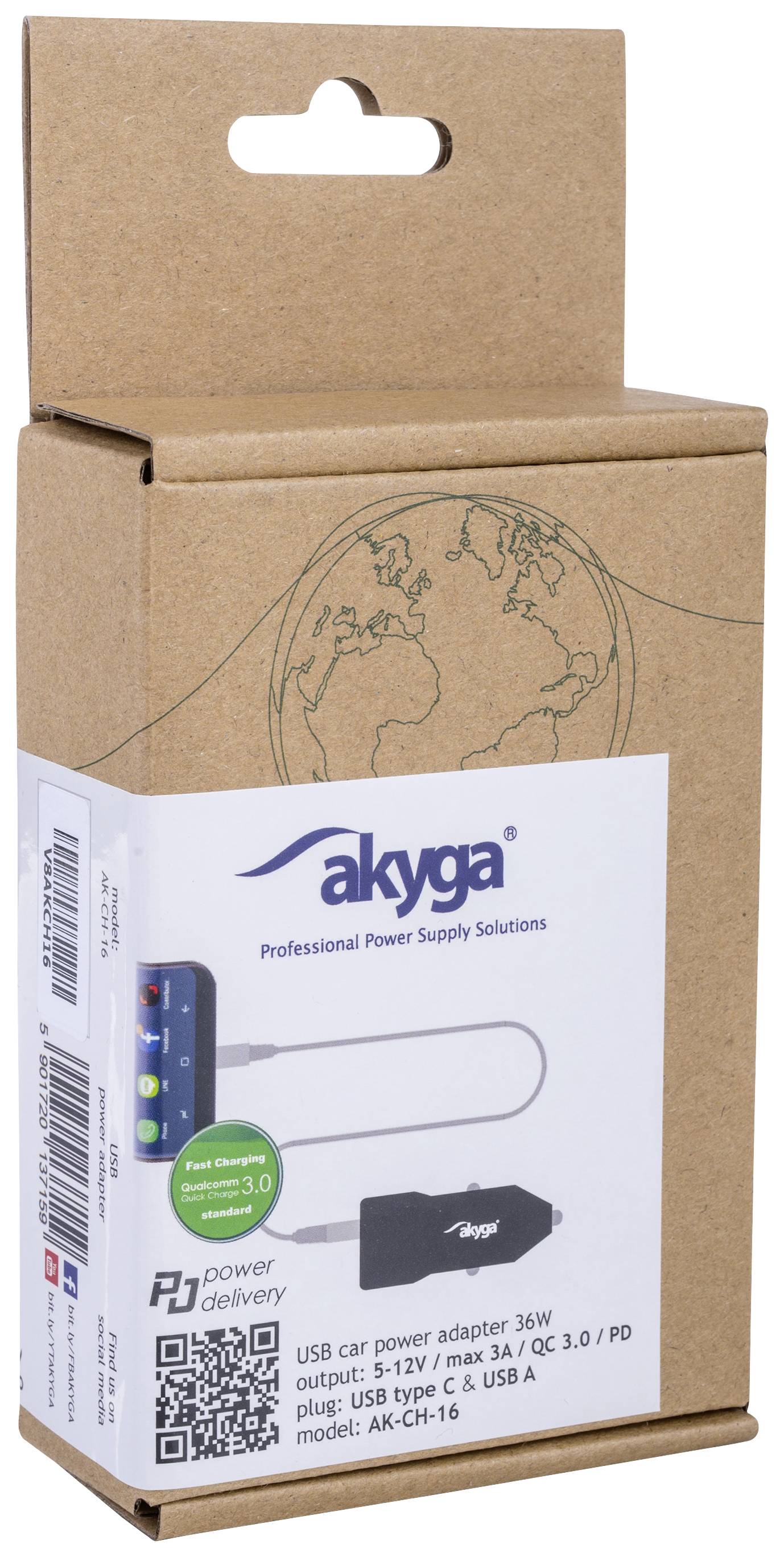 Pappkartonverpackung mit einem Autoadapter von 'akyga'; USB-C-Anschluss, 36W Leistung, Power Delivery, Weltkugel-Zeichnung oben.