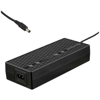 Schwarzes Netzteil mit Gitteroberfläche, enthält ein Netzkabel sowie einen Stromanschlussstecker, geeignet für elektronische Geräte.