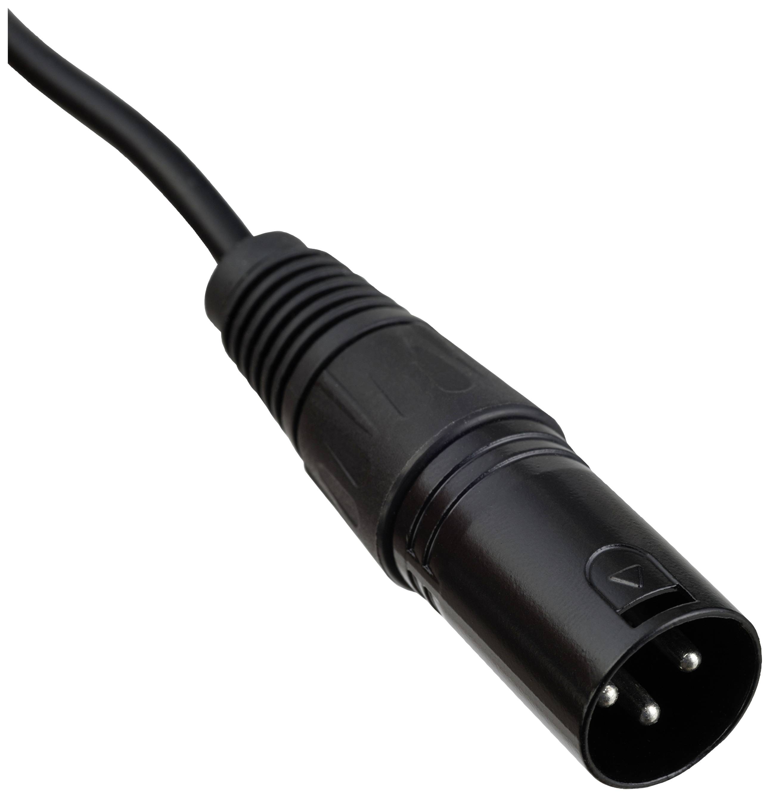 Schwarzer XLR-Stecker mit drei Kontaktstiften, fotografiert von schräg oben, zeigt Kabelführung und Anschlussbereich.