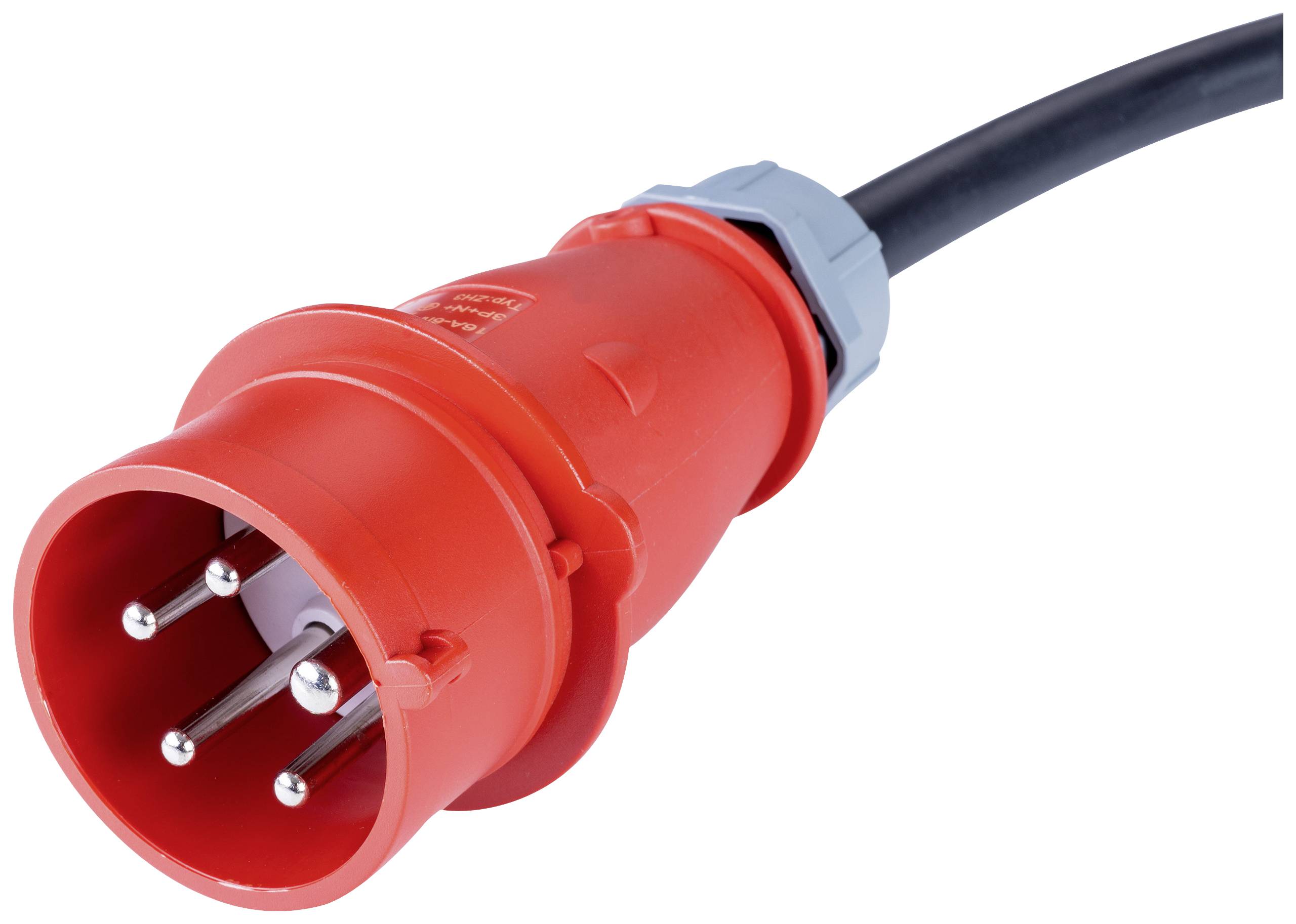 Roter CEE-Stecker, dreipolig, mit schwarzem Kabel. Häufig verwendet für industrielle Stromanschlüsse.
