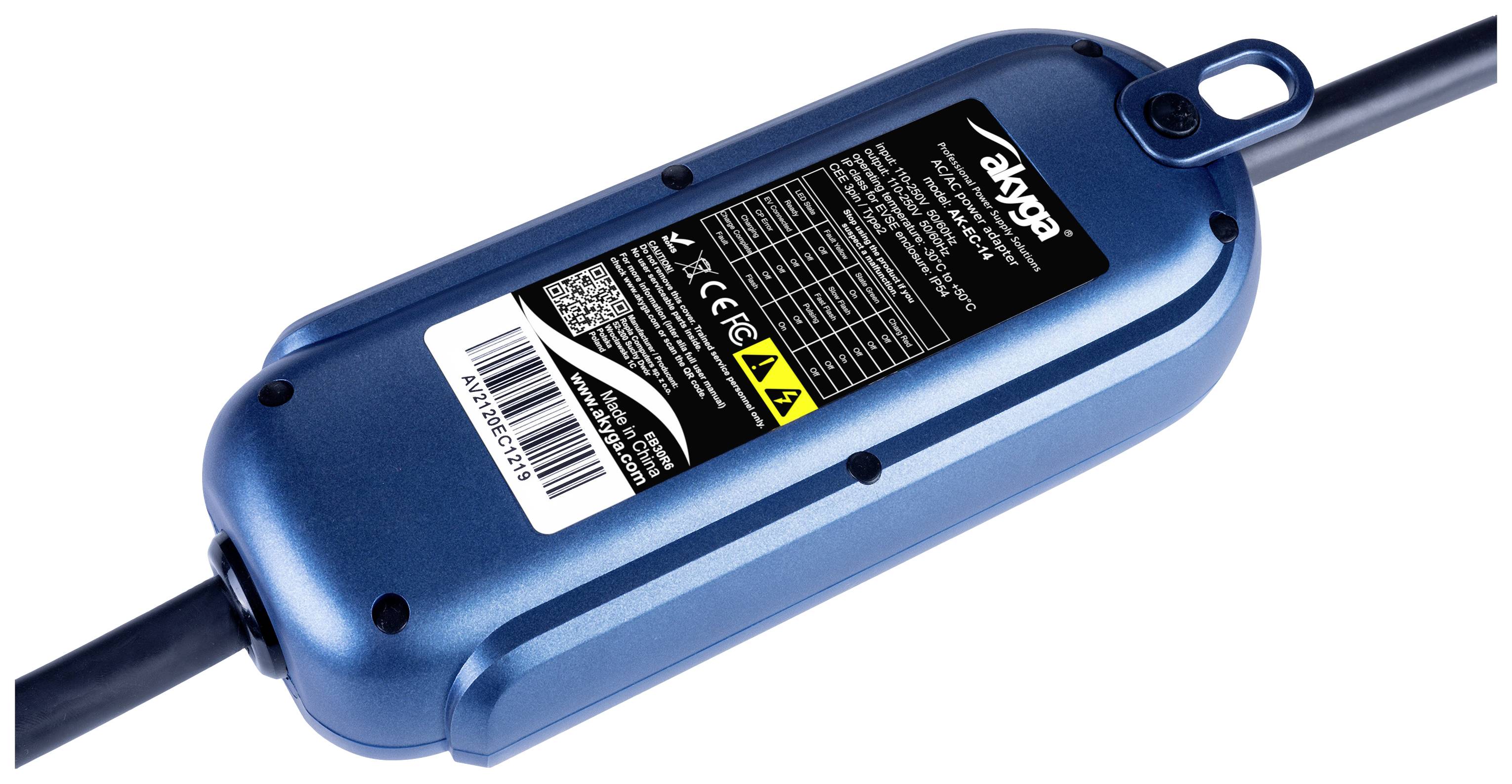 Blaues elektrisches Gerät mit schwarzem Kabel und mehreren Sicherheitssymbolen. Markenname und technische Spezifikationen sind sichtbar.