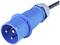 Ein blauer CEE-Drehstromstecker mit drei Stiften und einem schwarzen Kabel, häufig für industrielle Anwendungen verwendet.