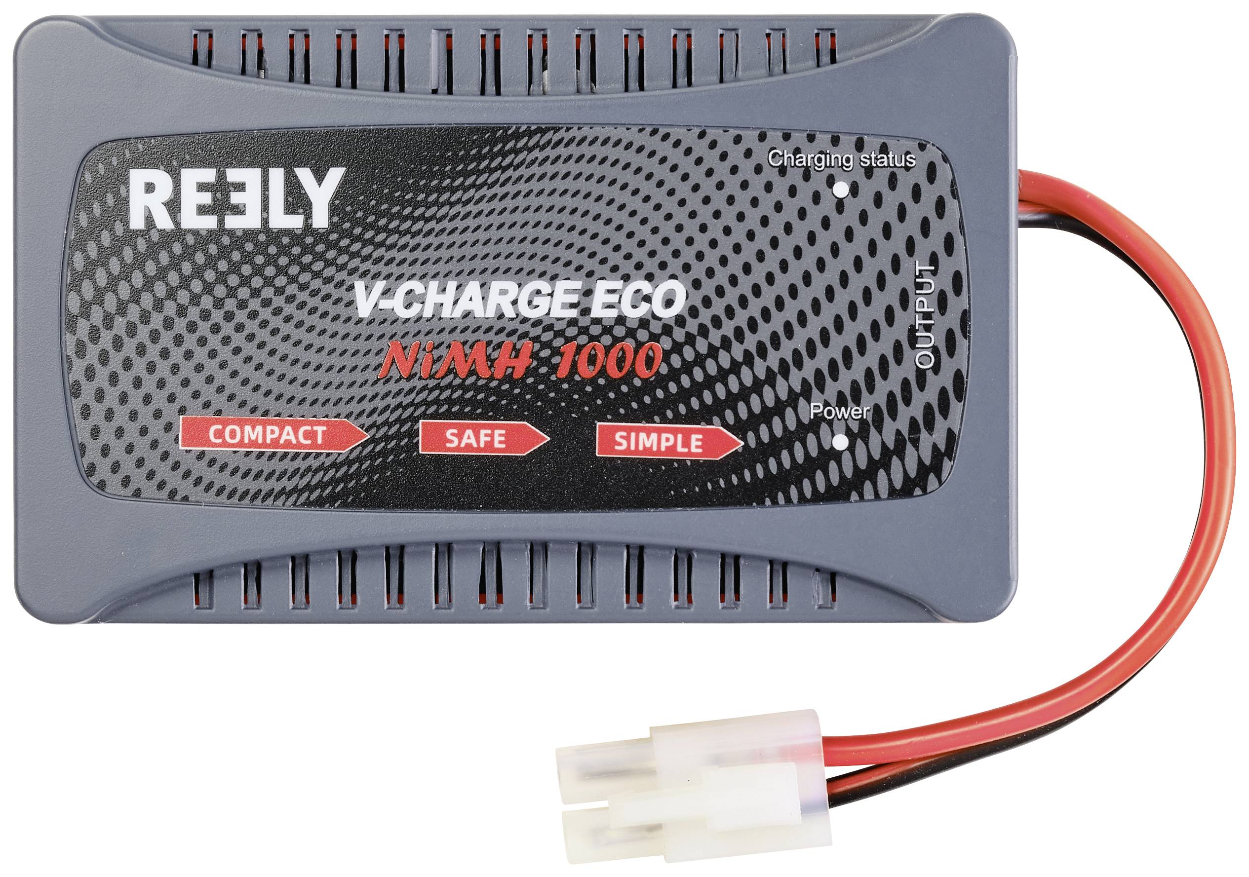 Ladegerät mit der Aufschrift 'REELY V-Charge Eco NiMH 1000'. Anzeigelampen für Lade- und Betriebsstatus. Rotes und schwarzes Kabel mit Stecker.