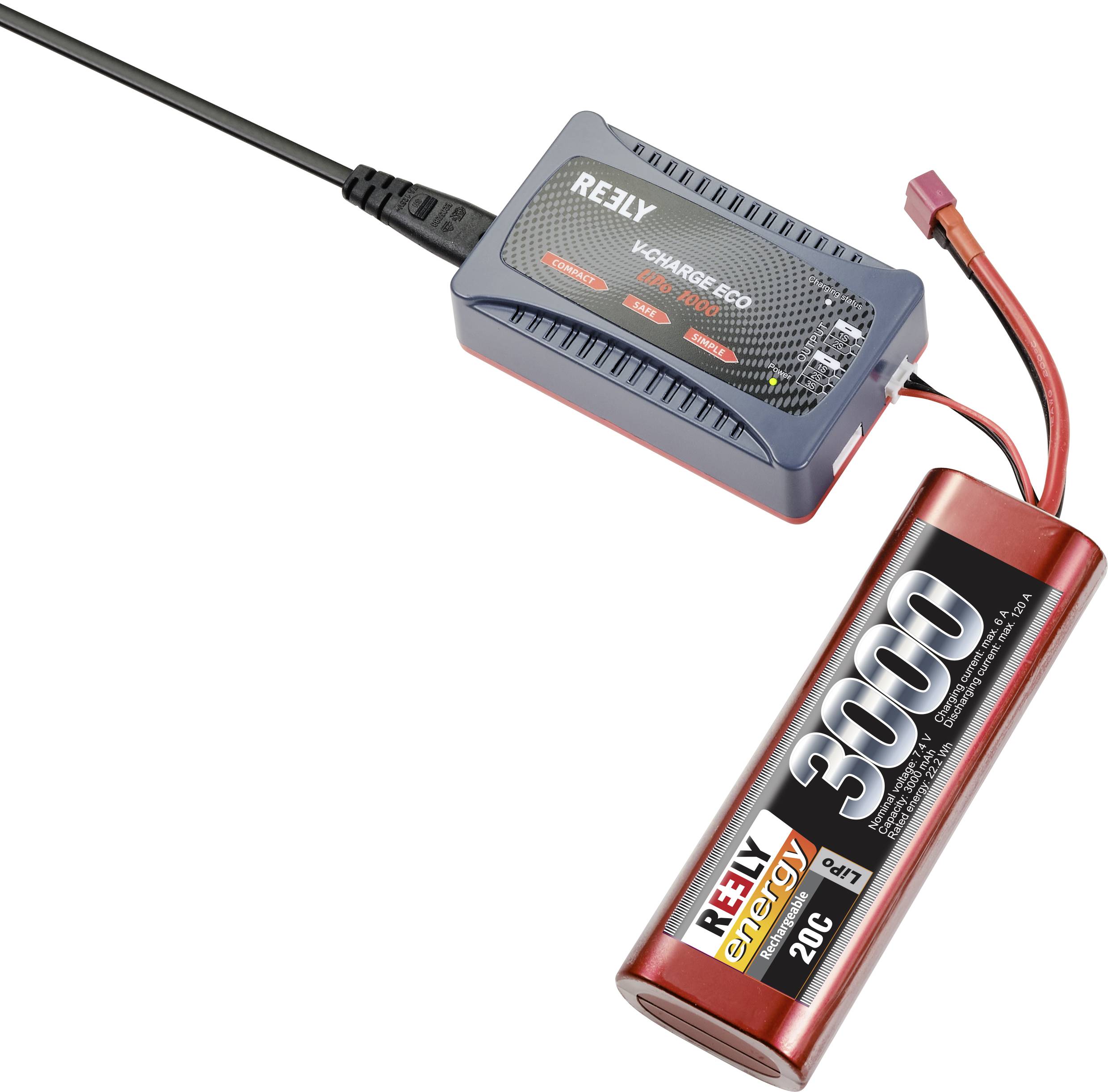 Ein Akkuladegerät lädt einen roten Akku mit der Aufschrift '3000'. Das Ladegerät zeigt verschiedene Ladeoptionen an.