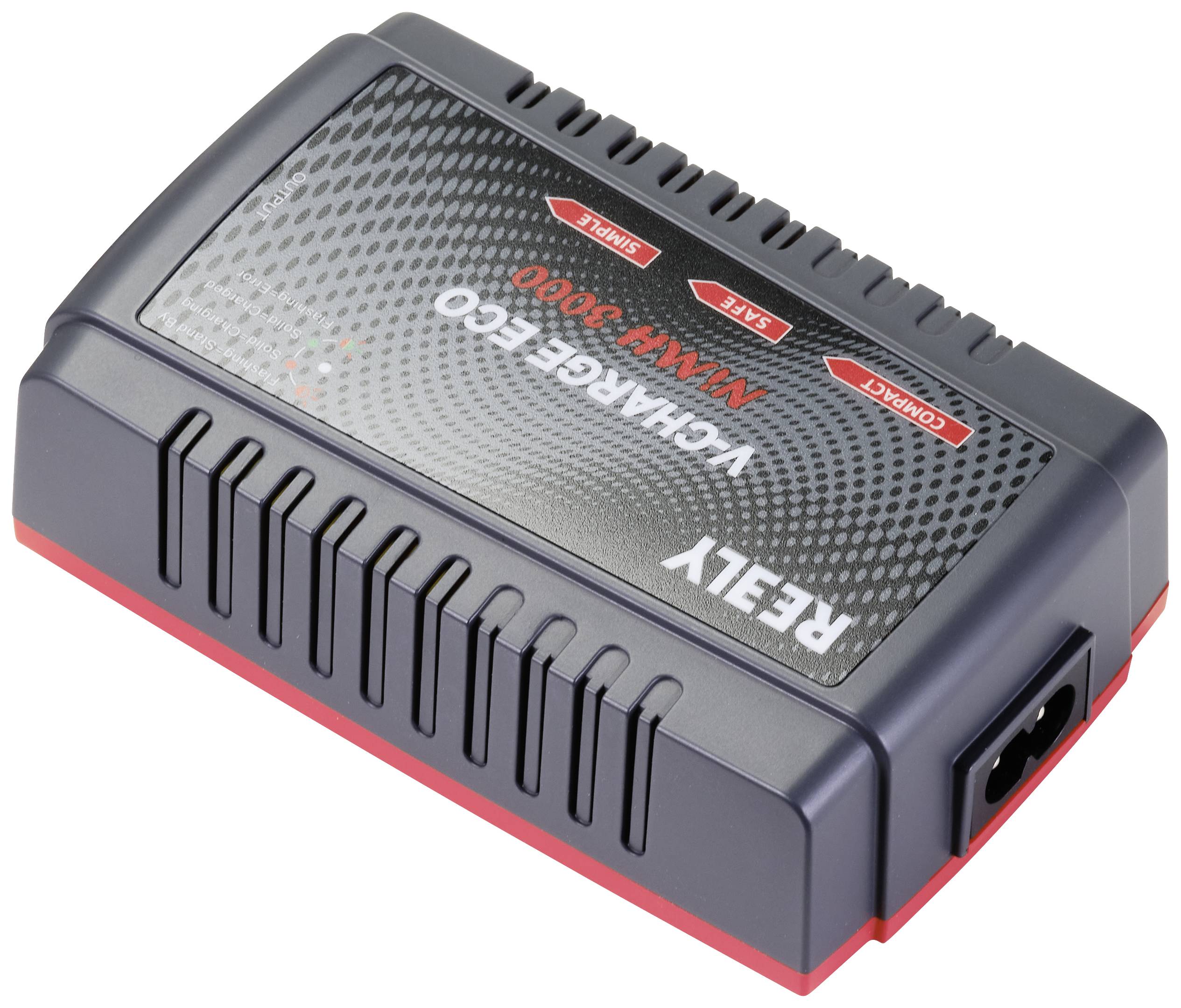 Ein graues und rotes Ladegerät mit der Aufschrift 'Y-Charge 3000 NiMH'. Es hat mehrere Anschlüsse und LED-Anzeigen zur Statusanzeige.