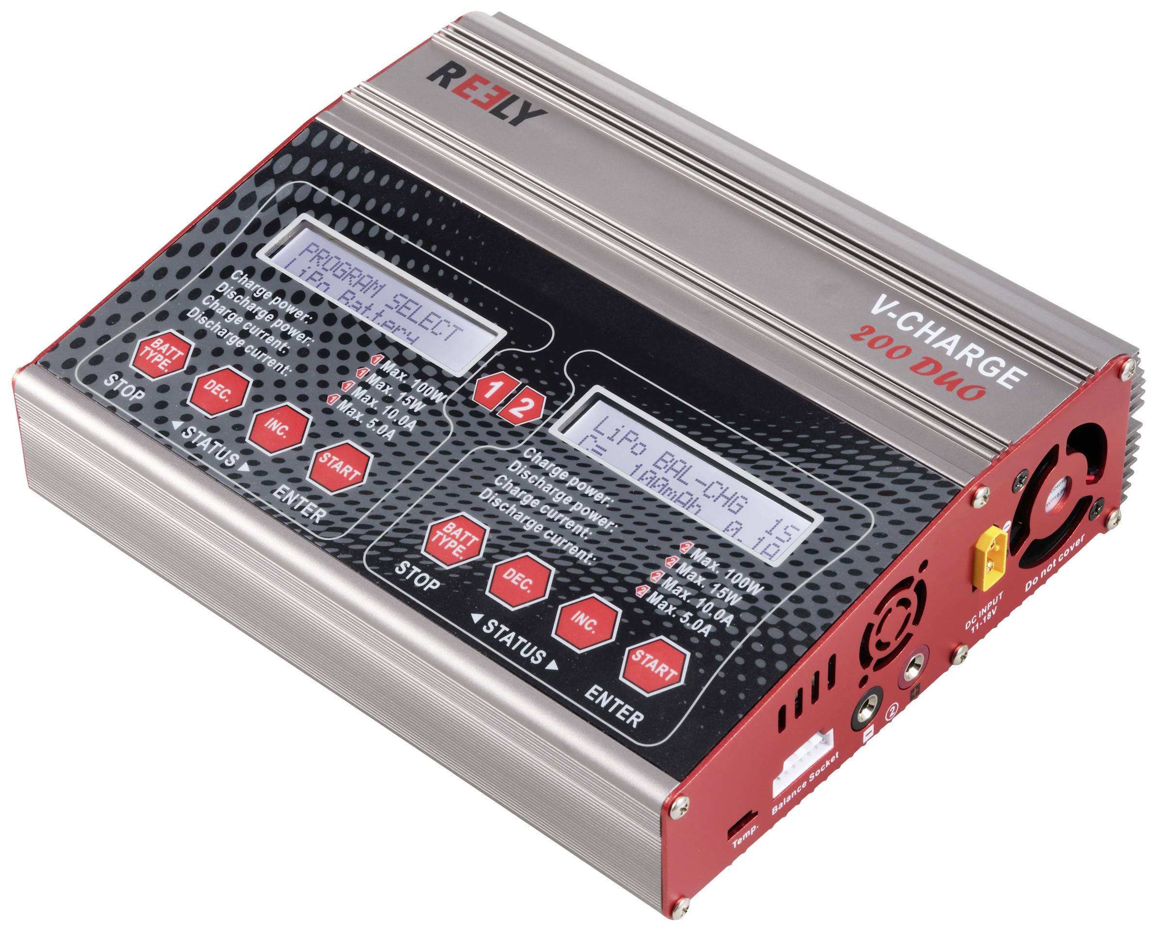 Das Bild zeigt ein Dual-Ladegerät, bei dem für jeden der zwei Akkuanschlüsse ein eigenes Bedienteil mit Display vorhanden ist.