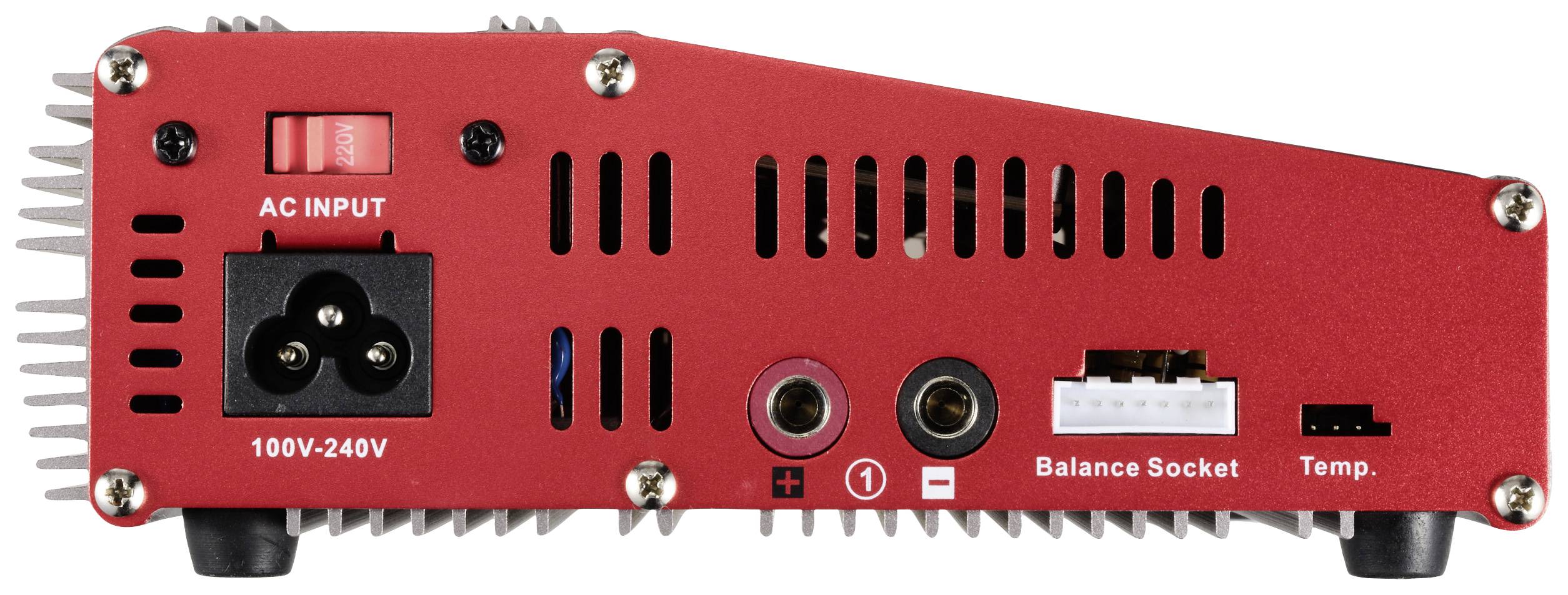 Rückseite eines roten Ladegeräts. Zeigt Eingänge: Netzanschluss, 100V-240V, Balance Socket, Temperatursensor.
