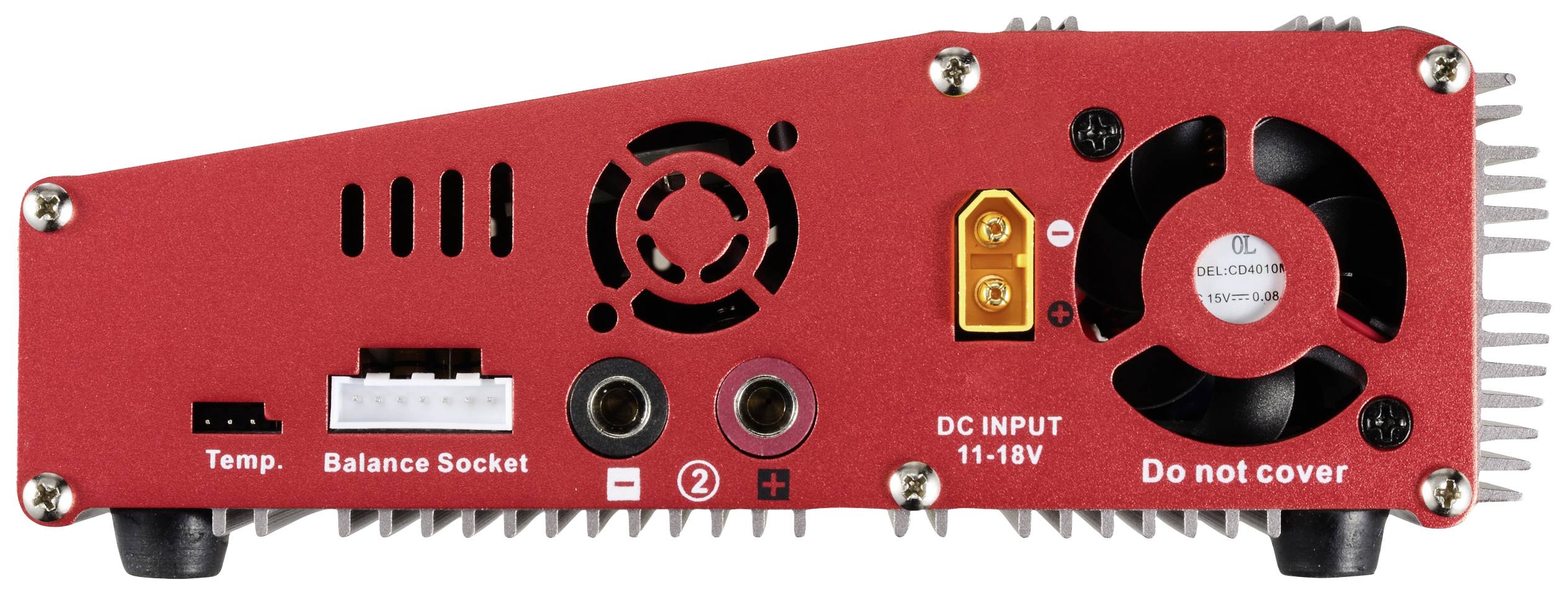 Rückseite eines roten Ladegeräts mit Anschlüssen und Lüfter. Beschriftungen: 'Temp.', 'Balance Socket', 'DC INPUT 11-18V', 'Do not cover'.