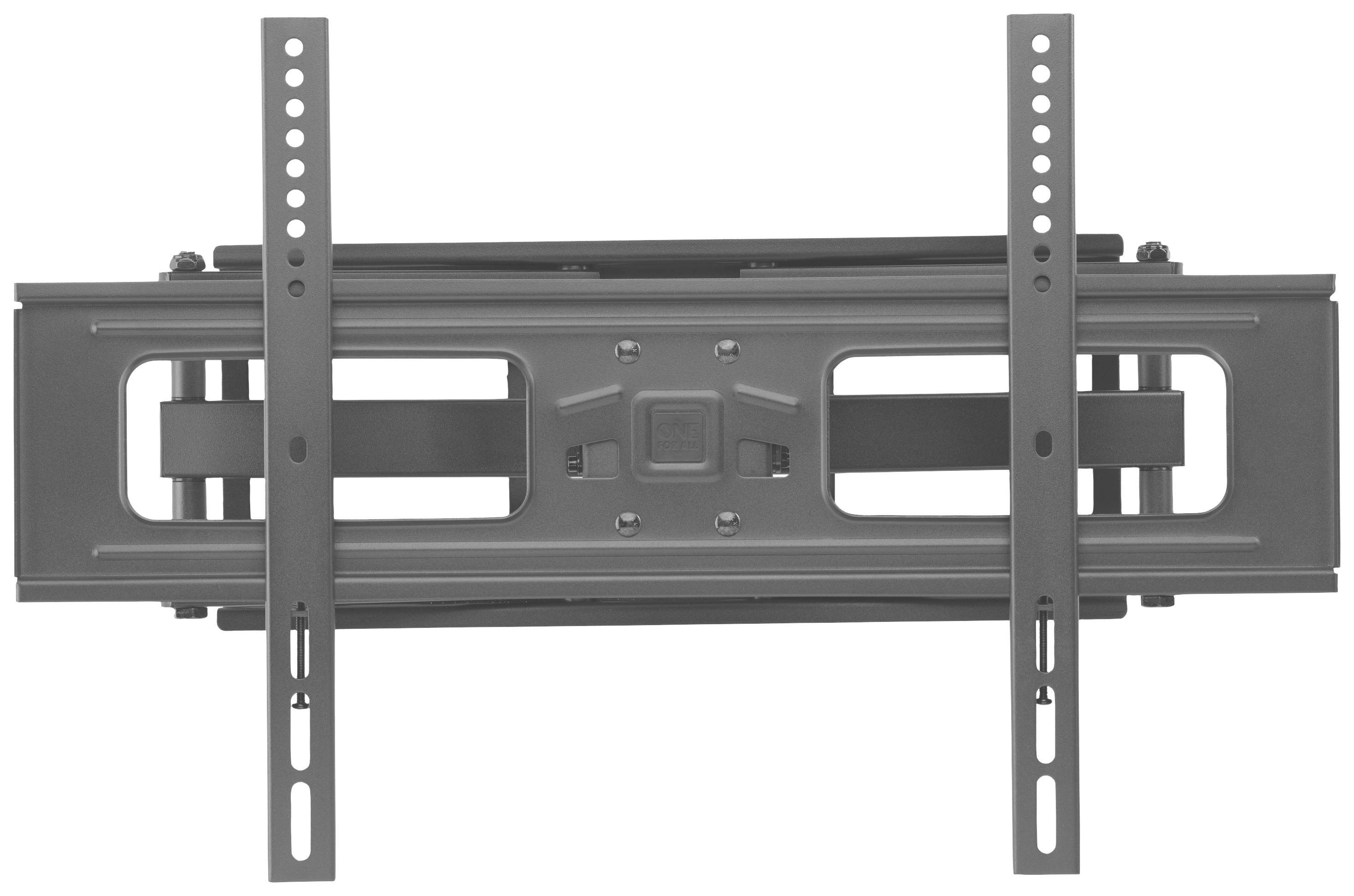 Eine schwarze Wandhalterung für einen Fernseher mit verstellbaren Armen und mehreren Montagelöchern, frontal abgebildet.