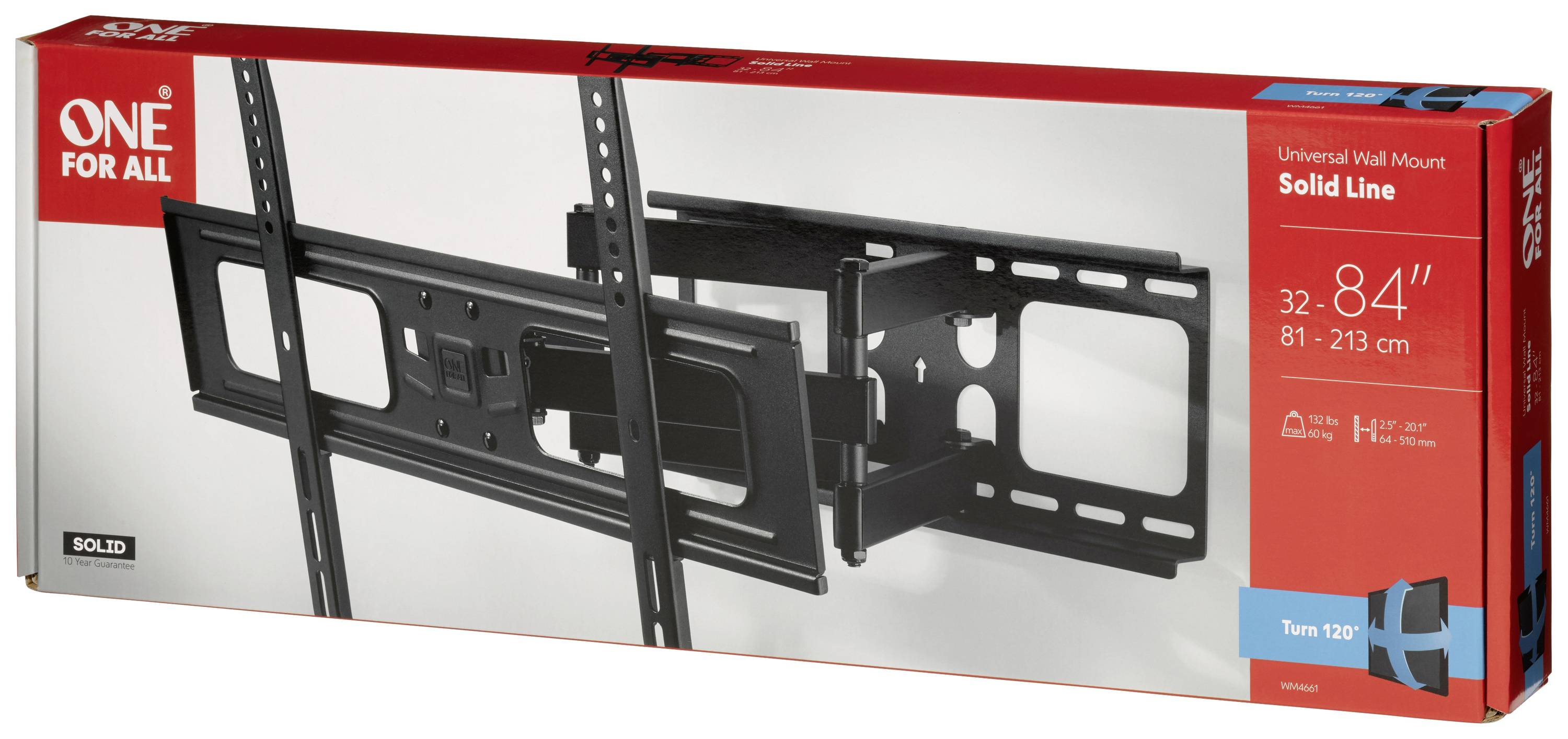 'One For All' TV-Wandhalterung in einer Verpackung. Universelles Modell für 32-84 Zoll Fernseher. Flexibel drehbare Halterung.