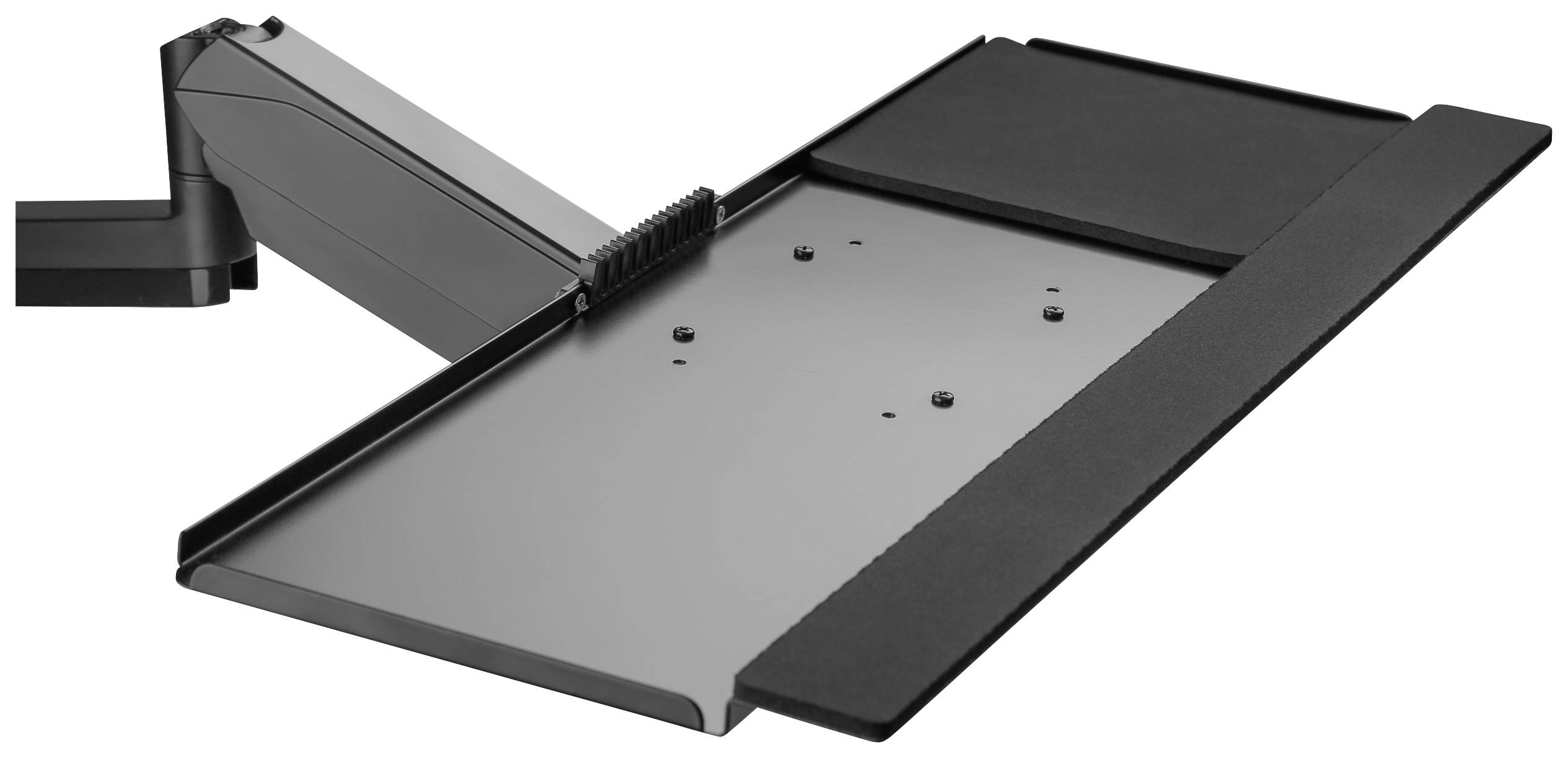 Eine schwarze Tastaturablage mit gepolsterten Handballenauflagen und Schraubvorrichtungen zum Befestigen an einem Schreibtischarm.