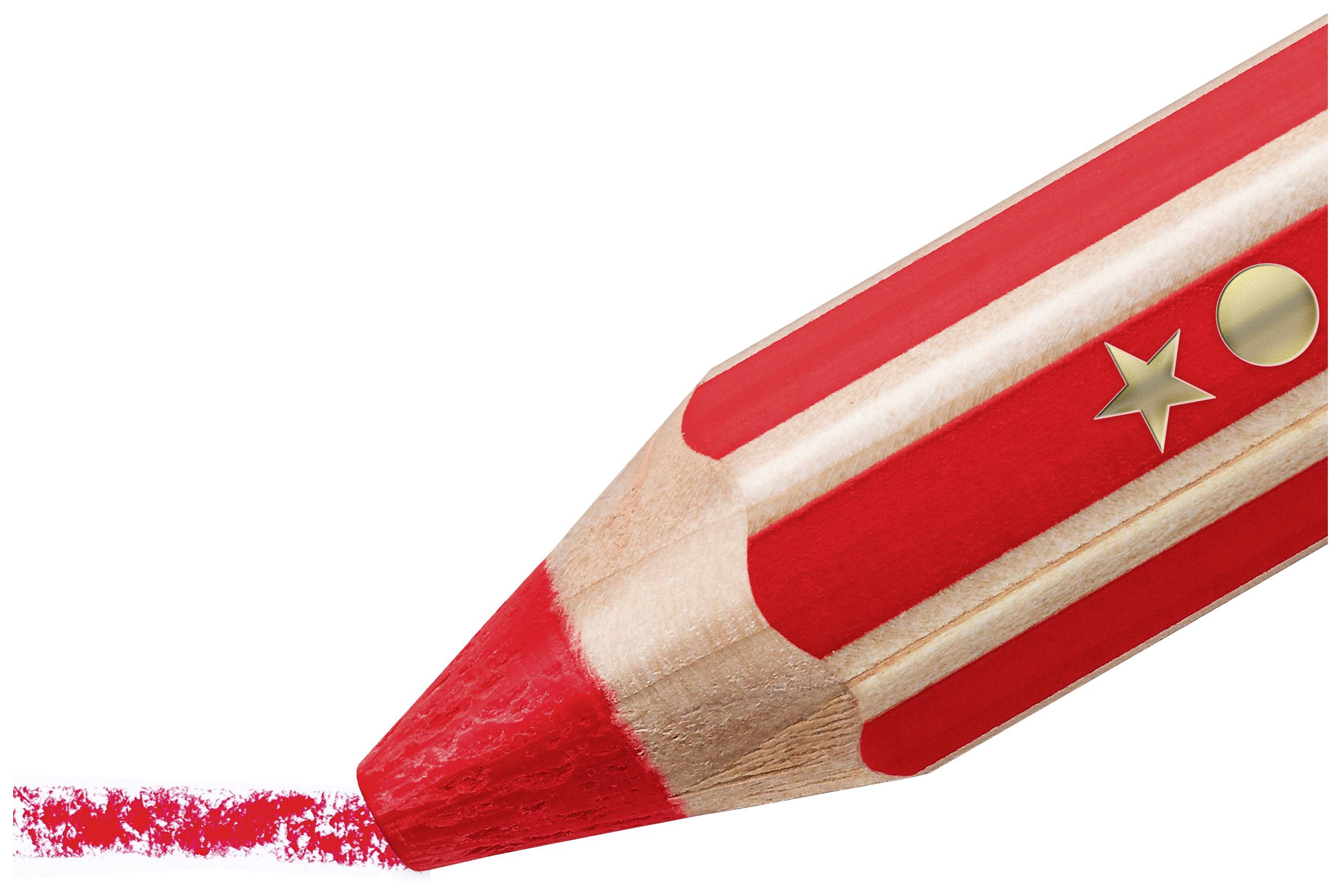 Ein roter Buntstift mit Stern- und Punktdekoration malt eine rote Linie auf weißem Hintergrund.