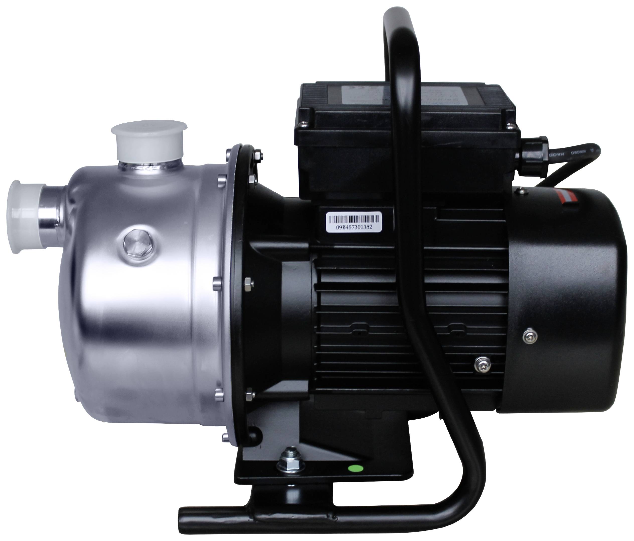 Schwarze elektrische Wasserpumpe mit silbernem Gehäuse, seitliche Ansicht.