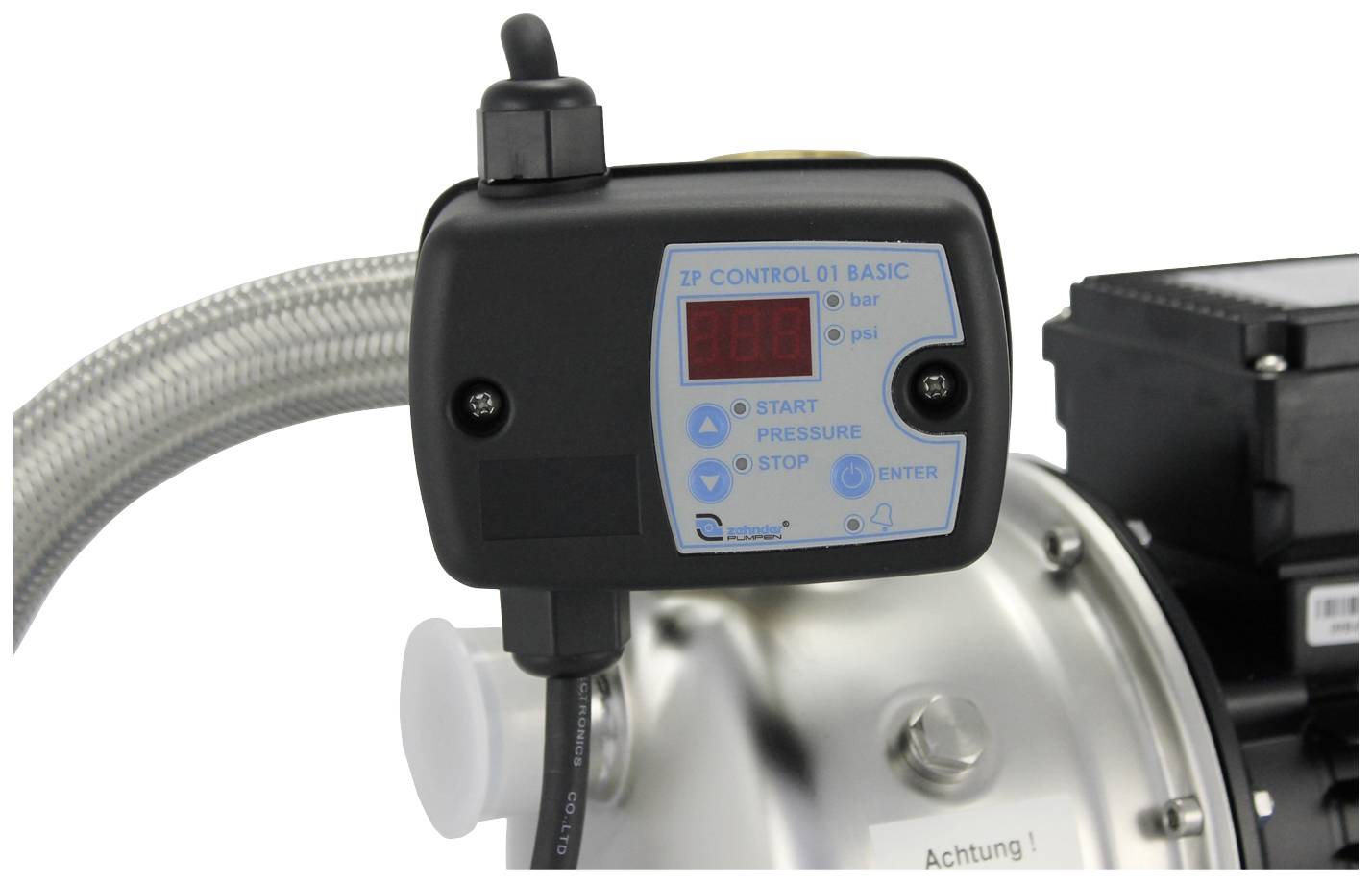 Steuereinheit einer Wasserpumpe mit digitalem Display und Bedientasten. Zeigt Druckmessung in Bar und PSI.