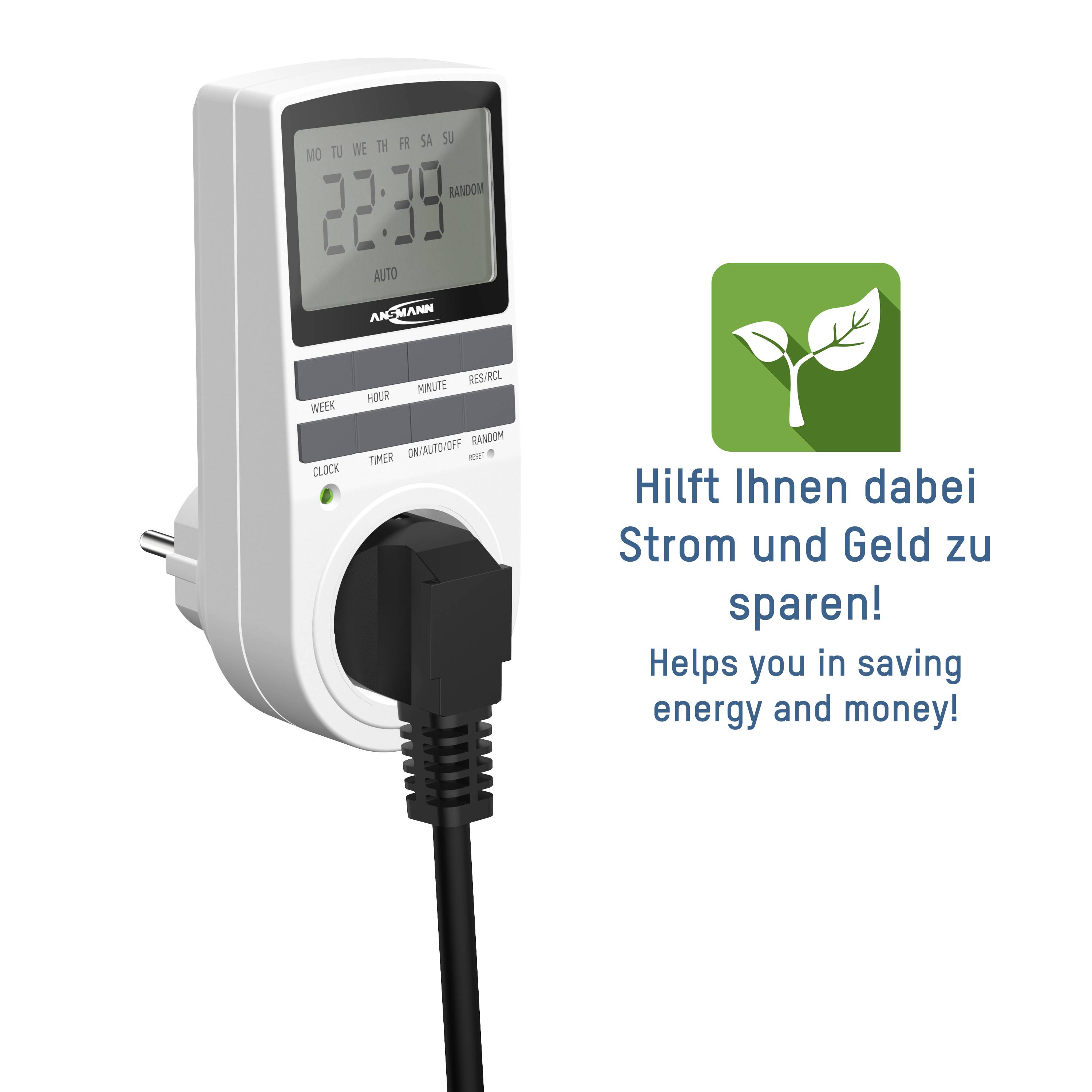 Digitale Zeitschaltuhr mit Steckdose, Anzeige zeigt '22:39'. Text neben grüner Grafik: 'Hilft Ihnen dabei Strom und Geld zu sparen!'.