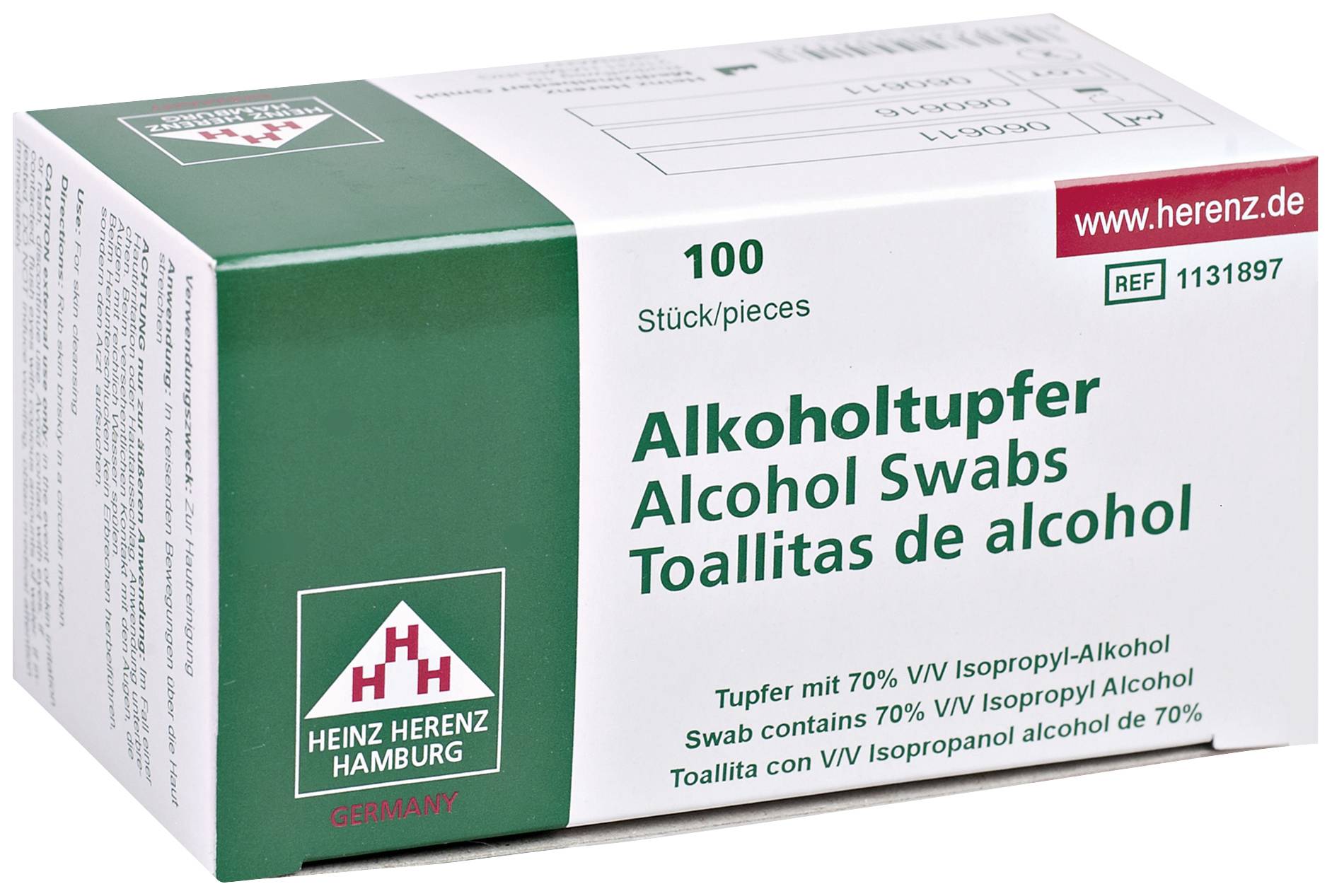 Packung mit 100 Alkoholtupfern von Heinz Herenz, Hamburg. Enthält 70% Isopropylalkohol. Webseite: www.herenz.de.