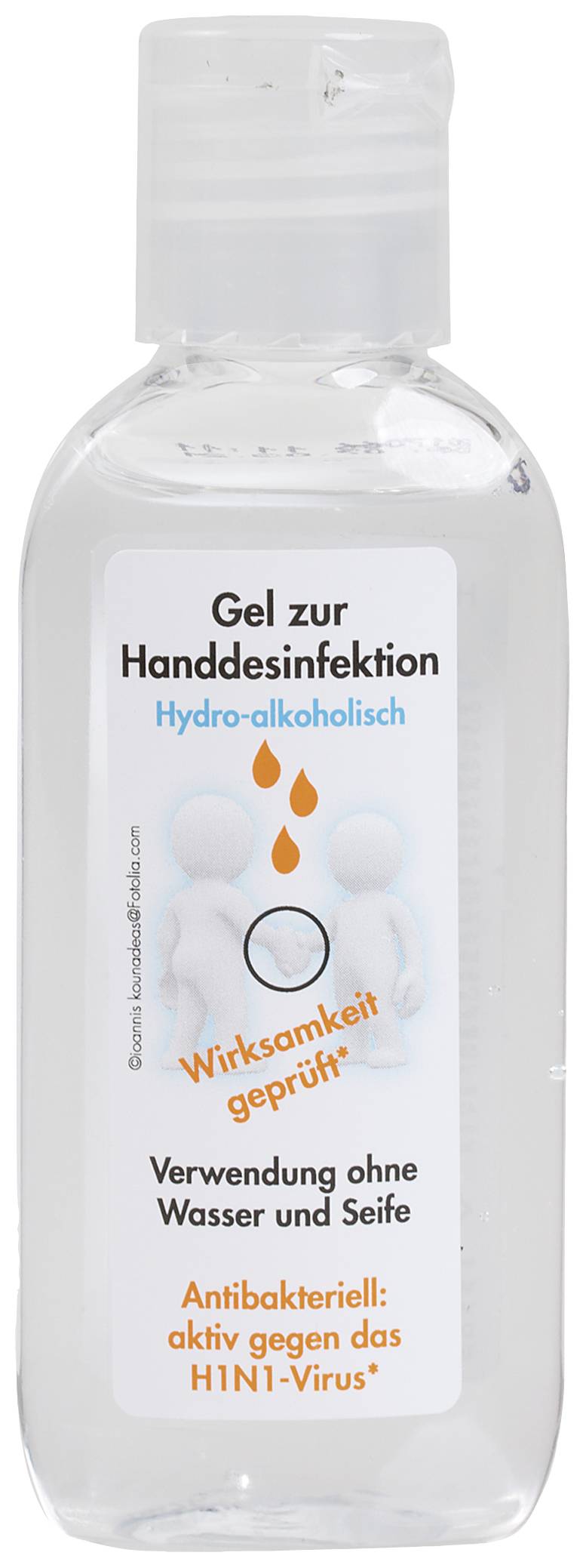 Gel zur Handdesinfektion, hydro-alkoholisch. 'Wirksamkeit geprüft'. Verwendbar ohne Wasser und Seife. Antibakteriell gegen H1N1-Virus.
