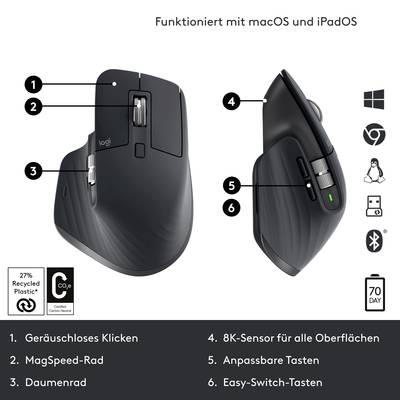 Kabellose Maus mit mehreren Tasten und Scrollrad, kompatibel mit macOS und iPadOS. Nachhaltigkeit: 27% recyceltes Plastik.