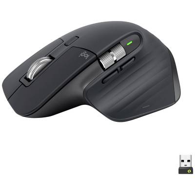 Schwarze ergonomische Computermaus mit Scrollrad und mehreren Tasten, inklusive drahtlosem USB-Empfänger.