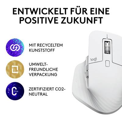 Eine Computermaus mit dem Text 'Entwickelt für eine positive Zukunft'. Symbole: recycelter Kunststoff, CO2-neutral, umweltfreundliche Verpackung.