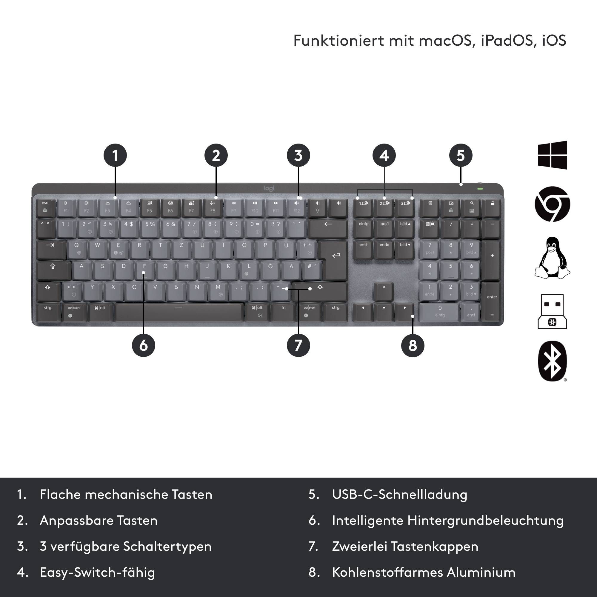 Tastatur mit Funktionen: flache mechanische Tasten, anpassbare Tasten, verschiedene Schaltertypen, Easy-Switch, USB-C, Hintergrundbeleuchtung, Tastenkappen, Aluminiumgehäuse. Kompatibel mit macOS, iPadOS, iOS, Windows, Linux, Android.