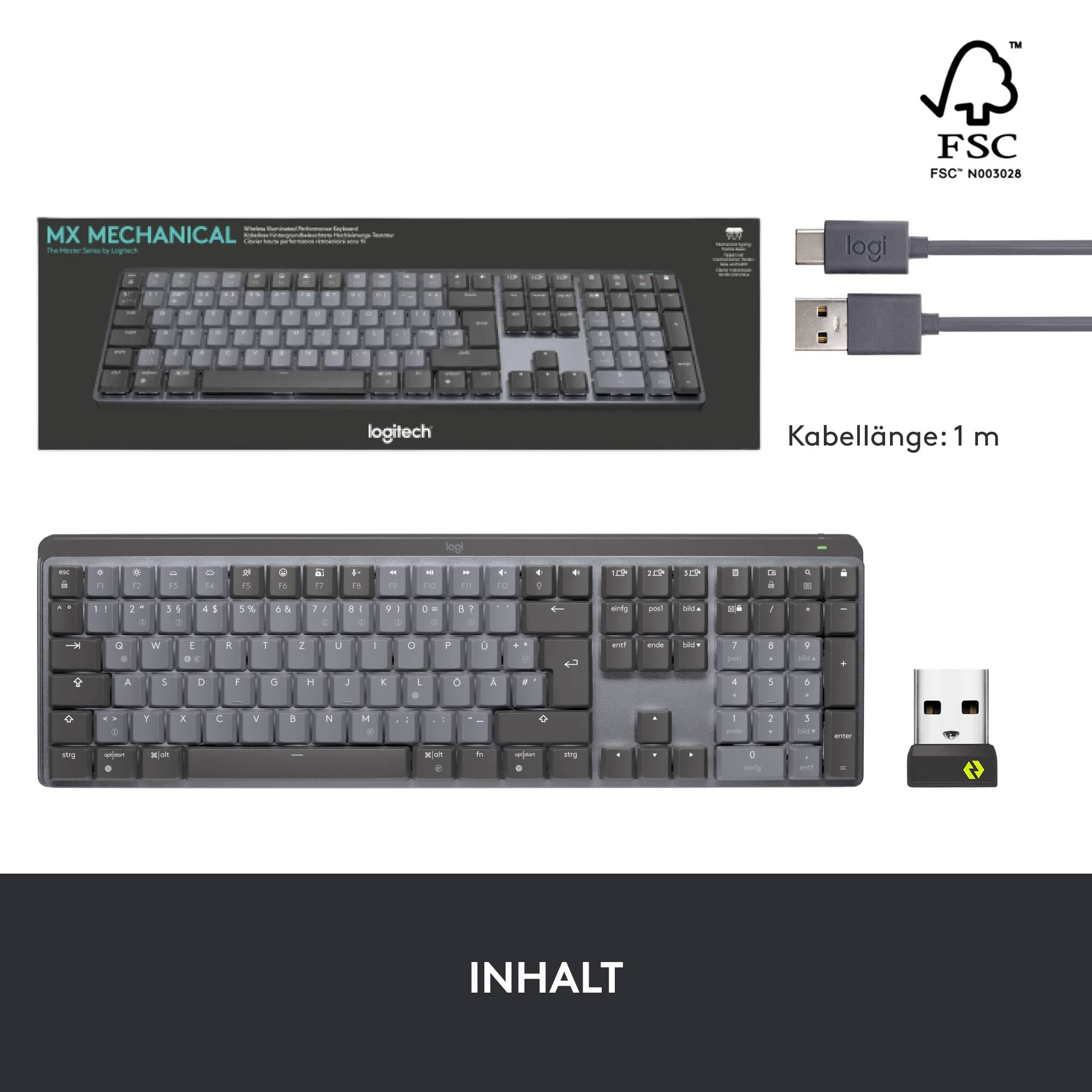 'Tastatur Logitech MX Mechanical, Layout in QWERTZ, kabellos, mit USB-Kabel und Adapter. Kabellänge: 1 m. Farbe: Dunkelgrau.'