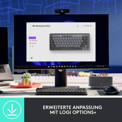 Ein Computerbildschirm zeigt eine Tastatur auf einer Website mit der Aufschrift 'MIX Mechanical Mini'. Darunter steht 'Erweiterte Anpassung mit Logi Options+'.