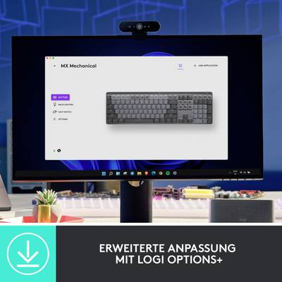 Ein Computerbildschirm zeigt die MX Mechanical-Tastatur in einer Softwareoberfläche. Darunter steht Text: 'Erweiterte Anpassung mit Logi Options+'.