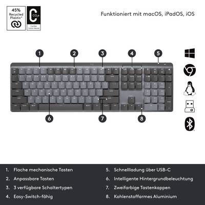 'Tastatur mit flachen mechanischen Tasten, anpassbaren Tasten, USB-C-Schnellladung und Easy-Switch-Funktion. Funktioniert mit macOS, iPadOS, iOS.'