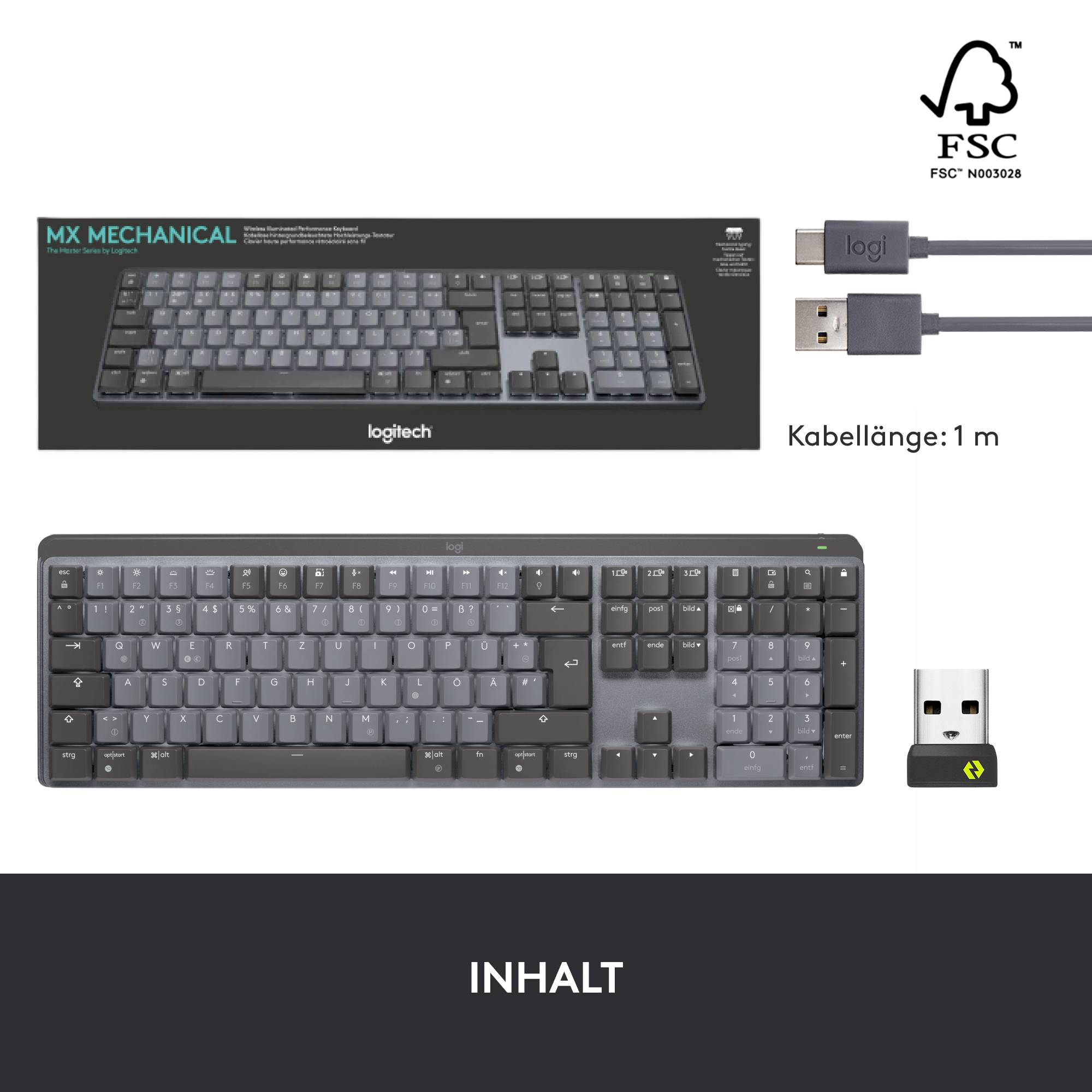 'Tastatur Logitech MX Mechanical' mit 1m Kabel, USB-Anschluss, Funkempfänger. FSC-zertifiziert. Oben Verpackung, unten Zubehör.