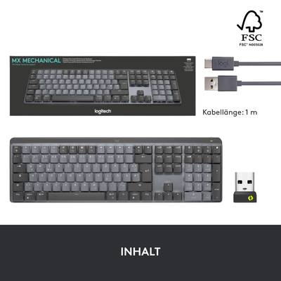 'Tastatur Logitech MX Mechanical' mit 1m Kabel, USB-Anschluss, Funkempfänger. FSC-zertifiziert. Oben Verpackung, unten Zubehör.