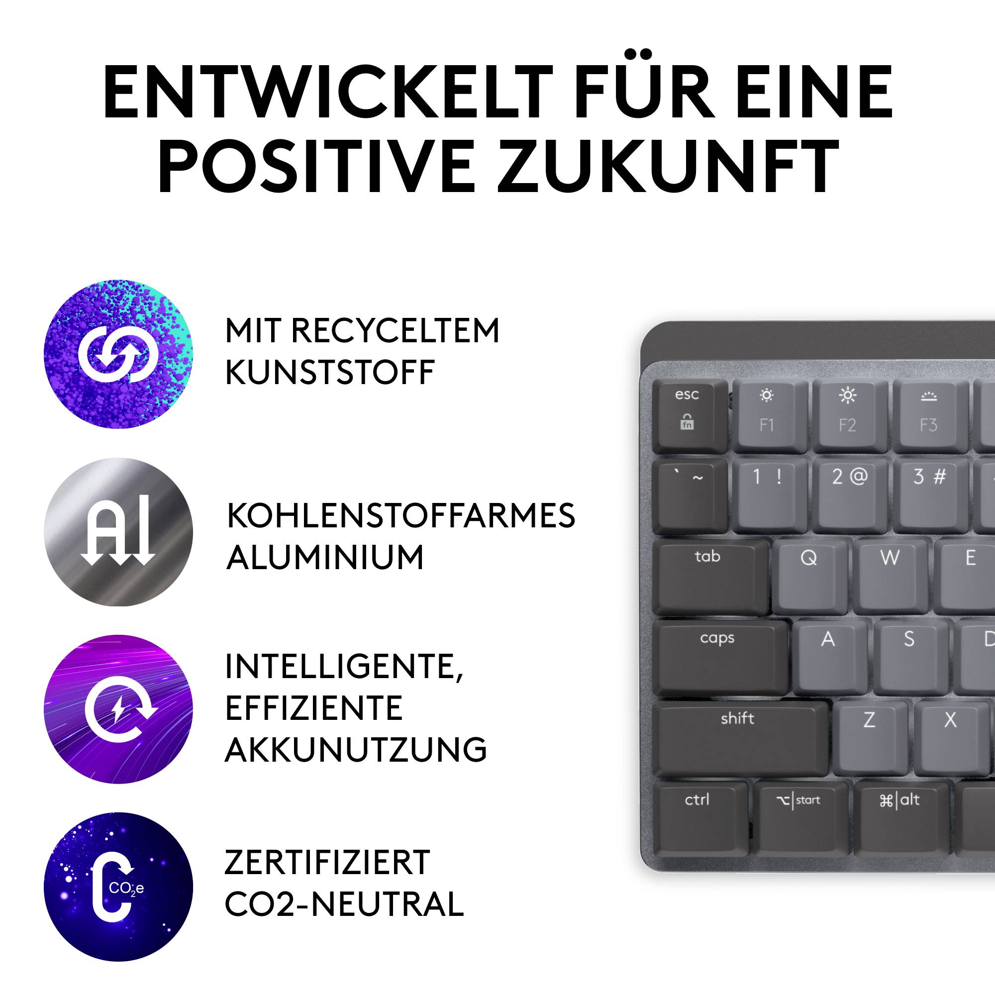 Tastatur mit Beschreibungen: 'Mit recyceltem Kunststoff', 'Aluminiumstoffarmes Köhl', 'Intelligente, effiziente Zertifizierung', 'CO2-neutral'.