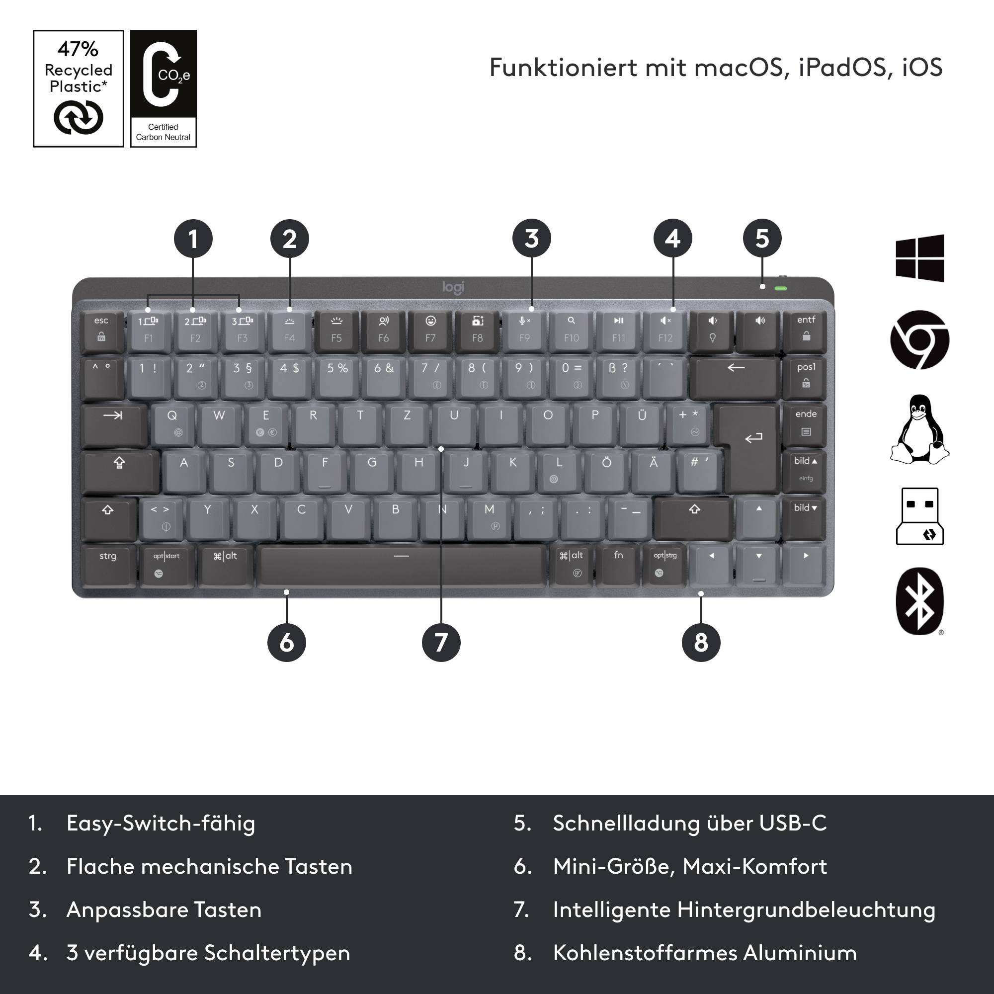Tastatur mit 6 beschriebenen Funktionen: Easy-Switch, flache Tastenkappen, anpassbare Tasten, 3 Schaltertypen, USB-C-Aufladung, Mini-Größe.Compatible mit macOS, iPadOS, iOS.