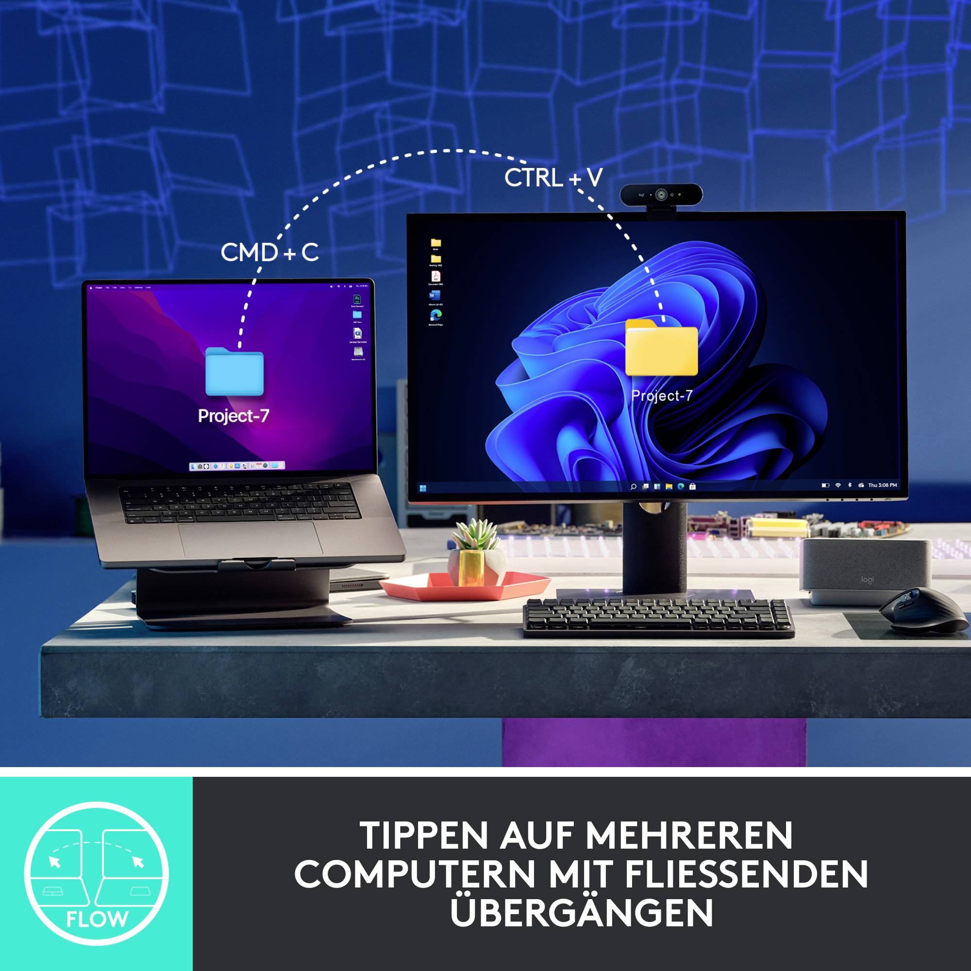 Zwei Computerbildschirme zeigen Projektdateien. Beschreibung erklärt, wie Dateien mit 'CMD + C' und 'CTRL + V' auf verschiedene Geräte kopiert werden können.